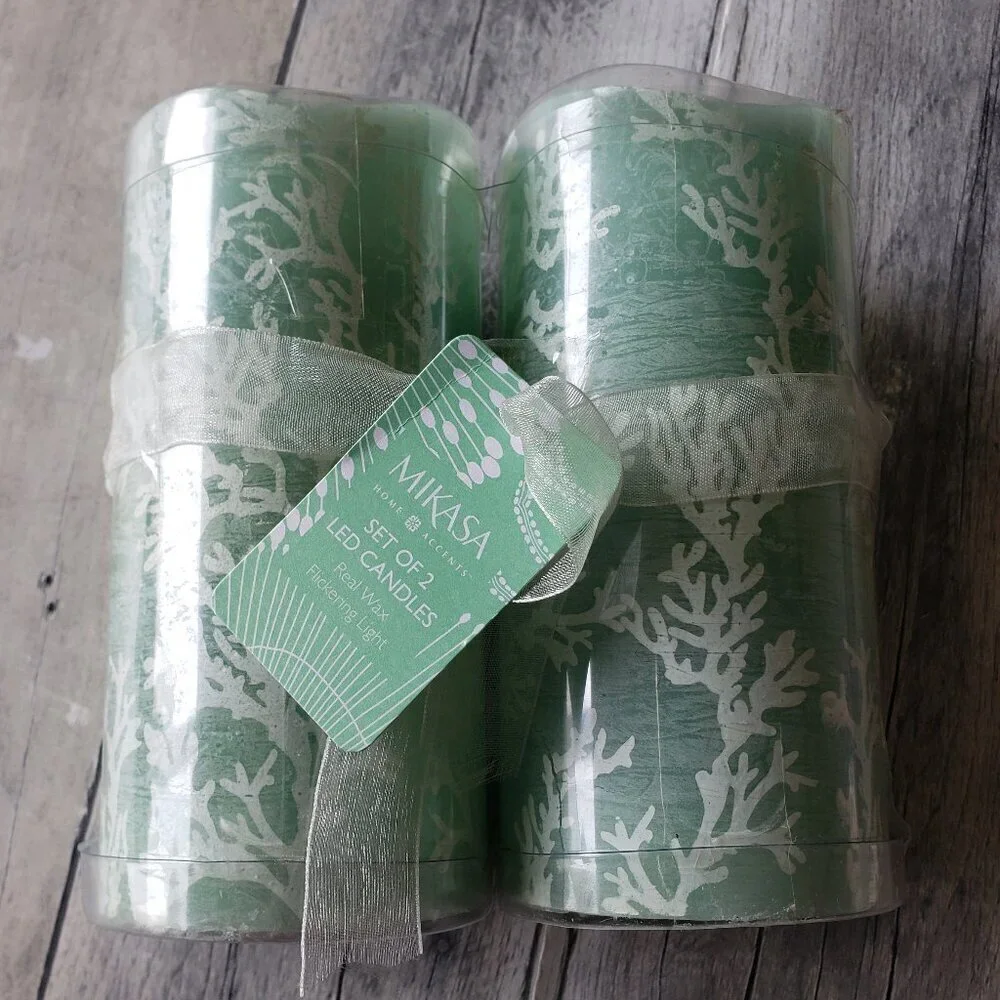 NWT - Mikasa Set of 2 Led Candles Seafoam Green with White Coral Accents
